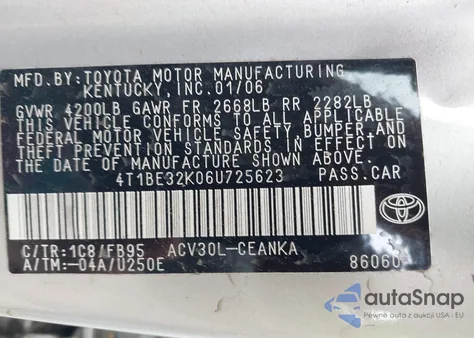 2006 Toyota Camry Le/Xle/Se from USA, damaged, VIN 4T1BE32K06U725623